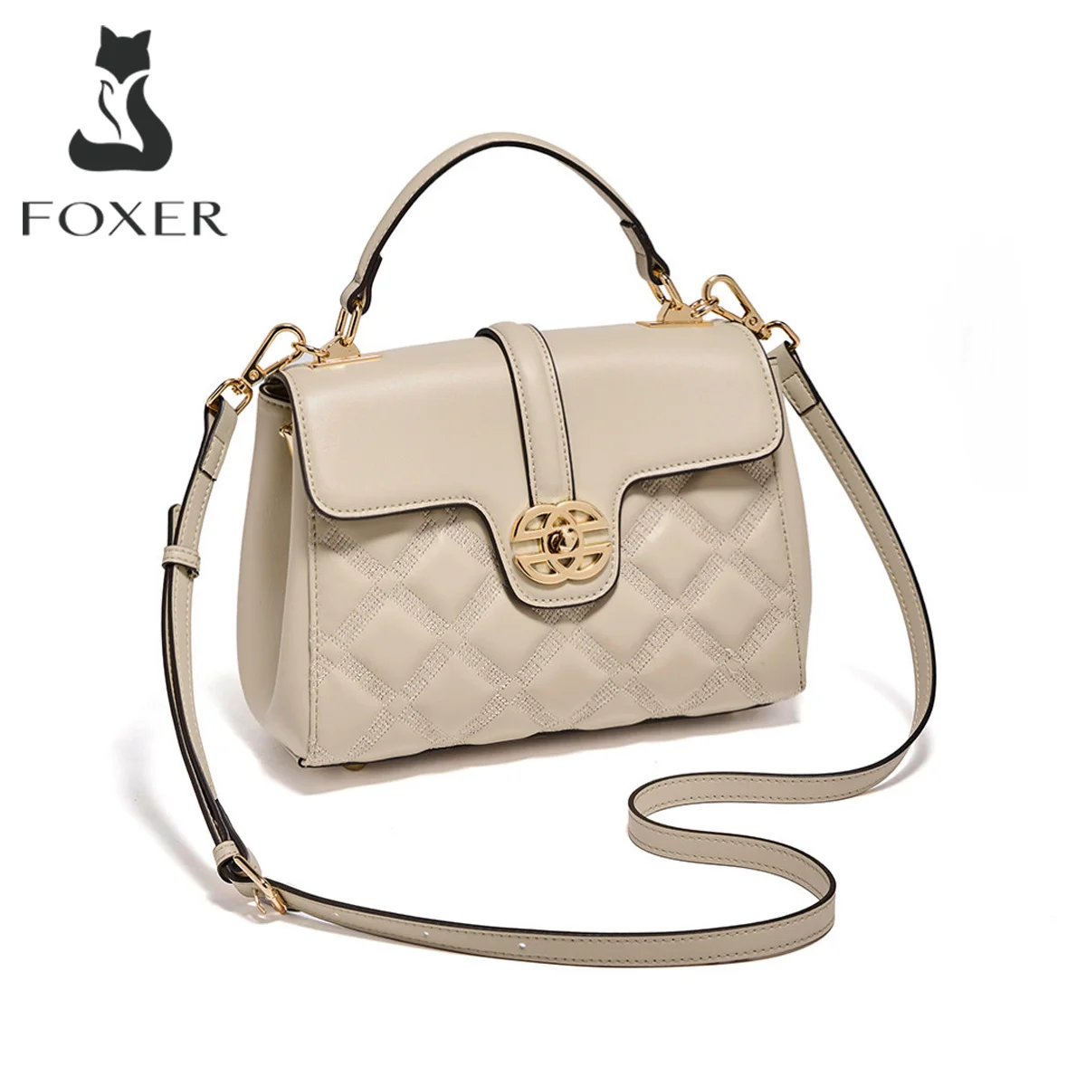 FOXER New Women's Shoulder Bag Genuine Leather Quilted Diamond Flap Bag Female Cowhide Crossbody Bag Lady Simple Mini Tote Purse