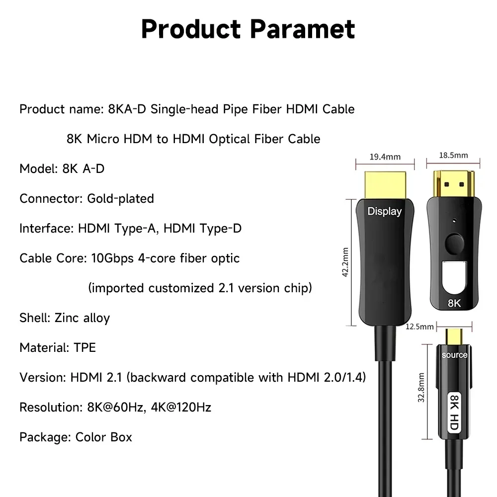 Threaded fiber optic cable HDMI 2.1 8K A to D Type Single Head Detachable With Dual Micro HDMI For HDTV projector Set-Top Box