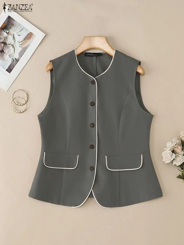 ZANZEA-Chalecos de moda para mujer, Tops elegantes y elegantes con contraste, cuello redondo, sin mangas, abotonados, chalecos de Color sólido, ropa para mujer