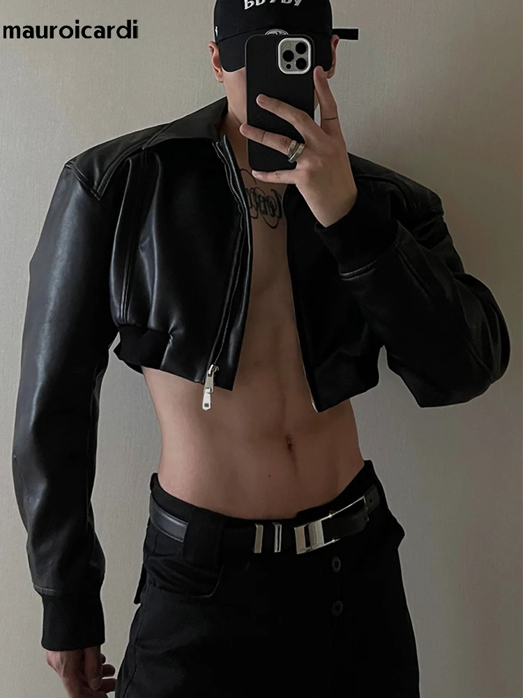 

Mauroicardi Spring Autumn Cropped Pu Leather Jacket Men Long Sleeve Zipper Luxury Designer Clothes Runway European Fashion 2023