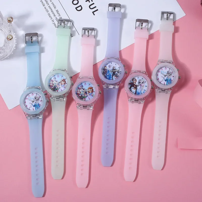 Disney Mickey Mouse Girls Watches Children Silicone Strap Colorful Light Spiderman Kids Watch Student Quartz Clock Gift