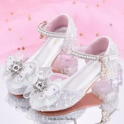 Princess White High Heels Shoes Girls Stage Catwalk Models Shoes Kid's Piano Children Dress Shoes Slipper Girl Party Sandals