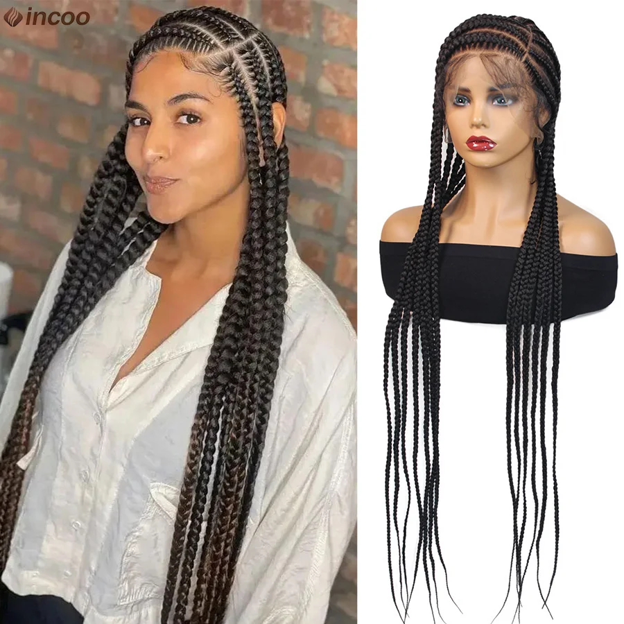 

Fulani Cornrow Braided Wigs Synthetic Full Lace Braids Wig With Baby Hair Long 36Inch Knotless Braided Lace Wigs For Black Women