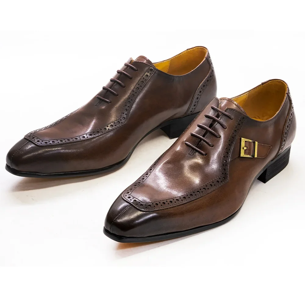 Luxuriöse Herren-Kleiderschuhe aus Leder, braun/schwarz, für Büro, Business, Hochzeit, formelle Schnürung, spitze Zehenpartie, Oxford mit Schnalle