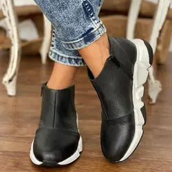 Women Leather Boots Round Toe Side Zipper White Bottom Ladies Platform Shoes Solid Color Daily Walking Female Ankle Booties