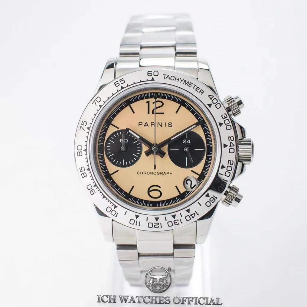 Parnis relógio de quartzo Ground Tona VK63 Sweep Seconds cronógrafo movimento masculino negócios autêntico
