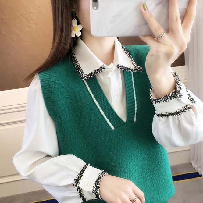 

2021 Autumn Women's Knitted Vest Sweater Vest Loose Outside Simple Short Style To Show Thin Korean Girls' College Style Green