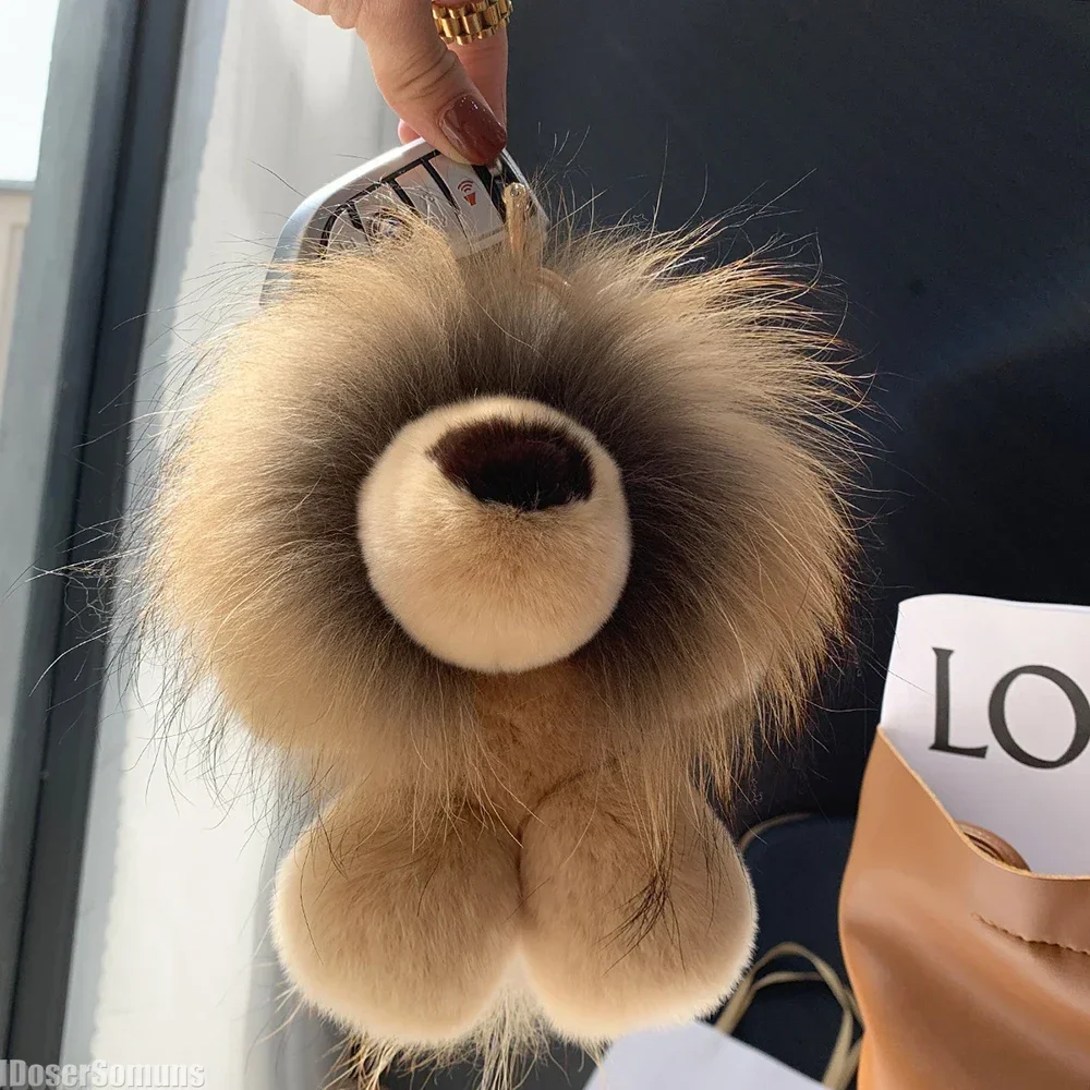 Cute Luxury Rex Fur Lion Pendant Keychain Women Soft Plush Doll Toy Kids Trinkets Bag Car Keyring Ornament Birthday Gift