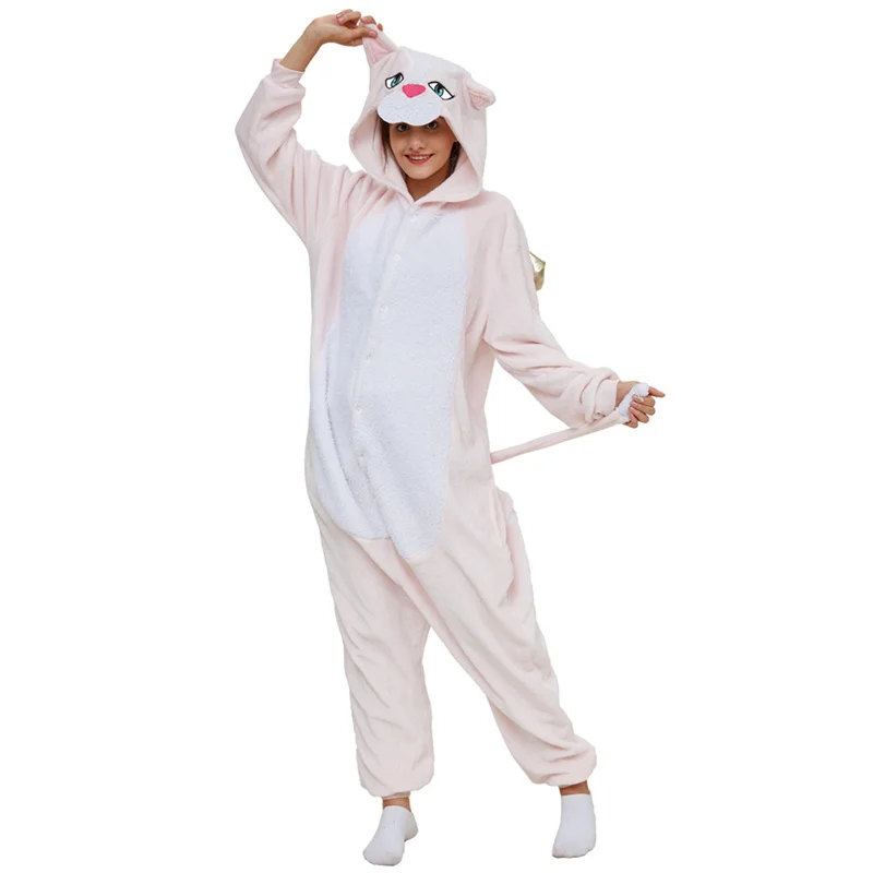 Autumn and Winter Flannel Sleepwear Cartoon Pink cat Pajamas Kigurumi Onesie Cosplay Animal Jumpsuit Unisex One-piece Pajamas