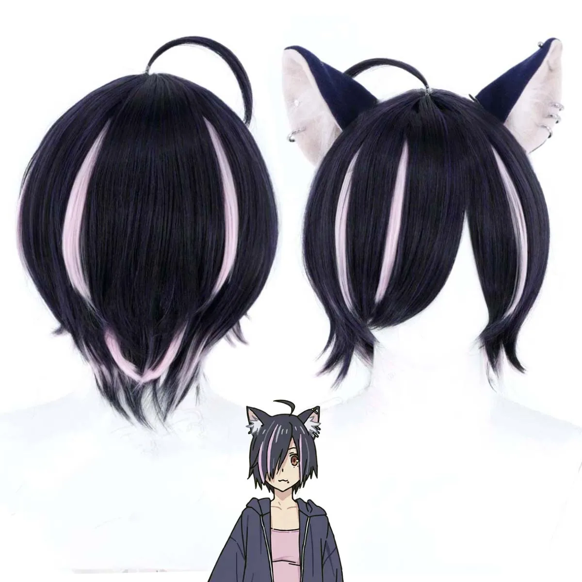Chainsmoker Cat Hameko Yurufuwa Tenshi Cosplay Wig High Temperature Fiber Short Black Mixed Pink Hair For Costume Party