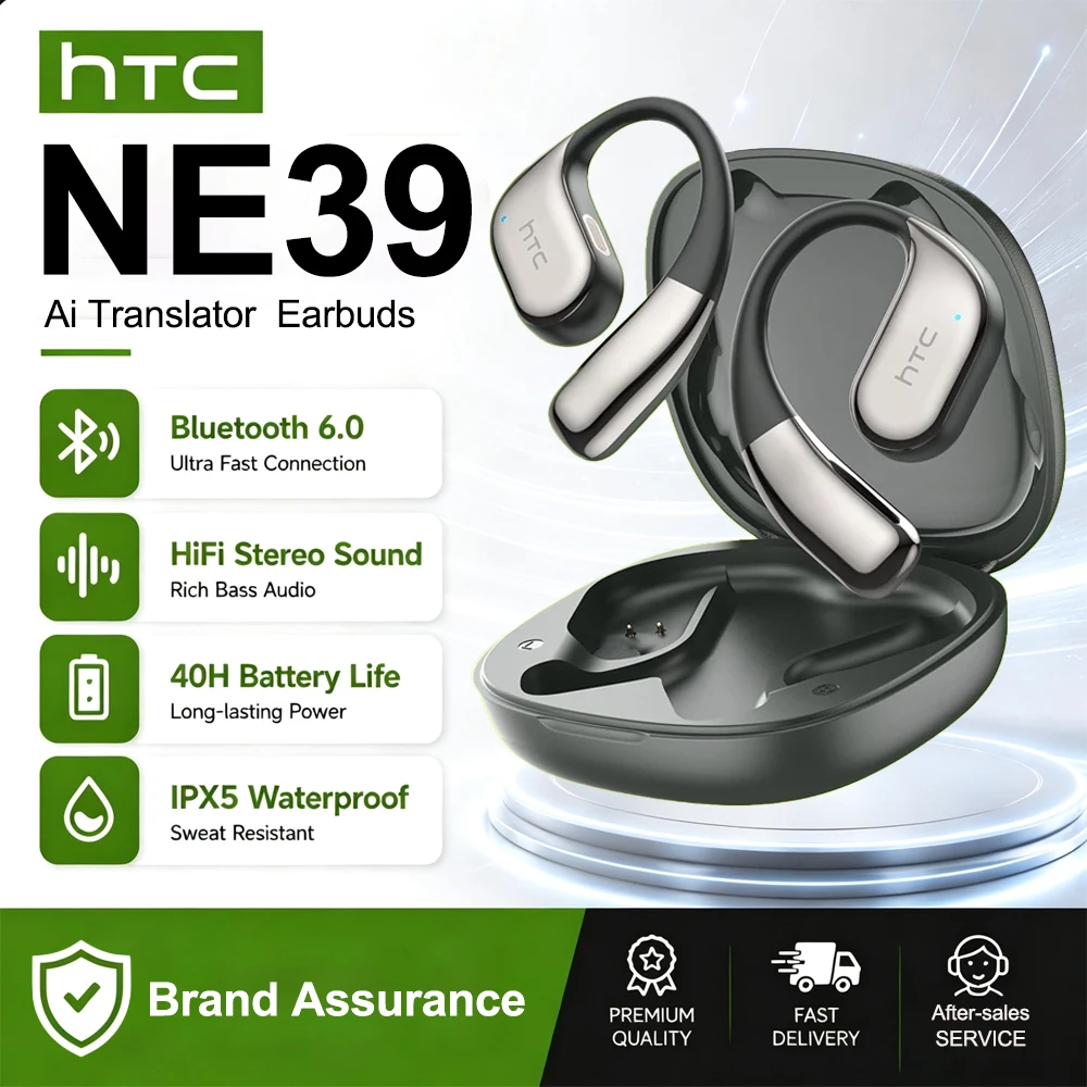 Écouteurs sans fil Bluetooth HTC NE39 AI Translate, écouteurs sportifs TWS à oreille ouverte avec micro, appels HD, longue autonomie de la batterie