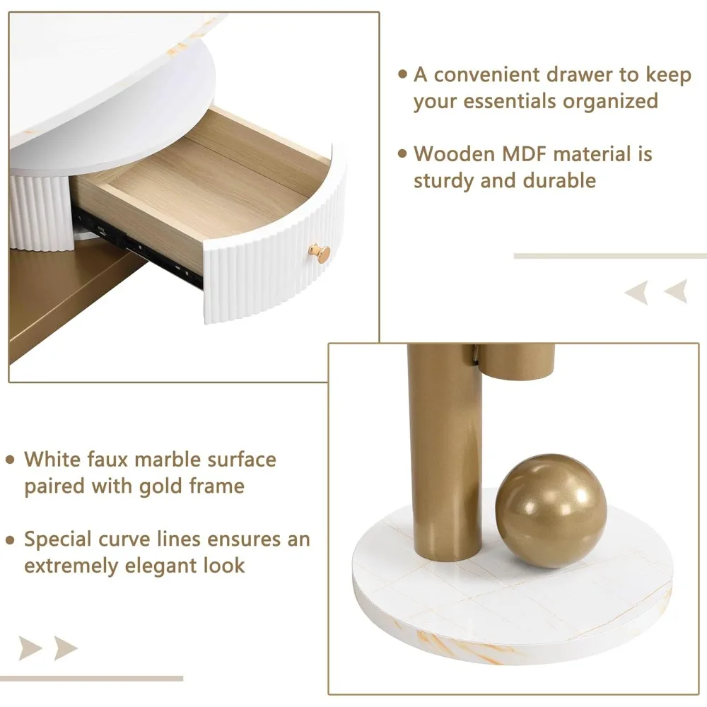 Oval Nesting Coffee Table Set of 2 Faux Marble Golden Round End Table Modern Living Room Table Large 47Inch Coffee