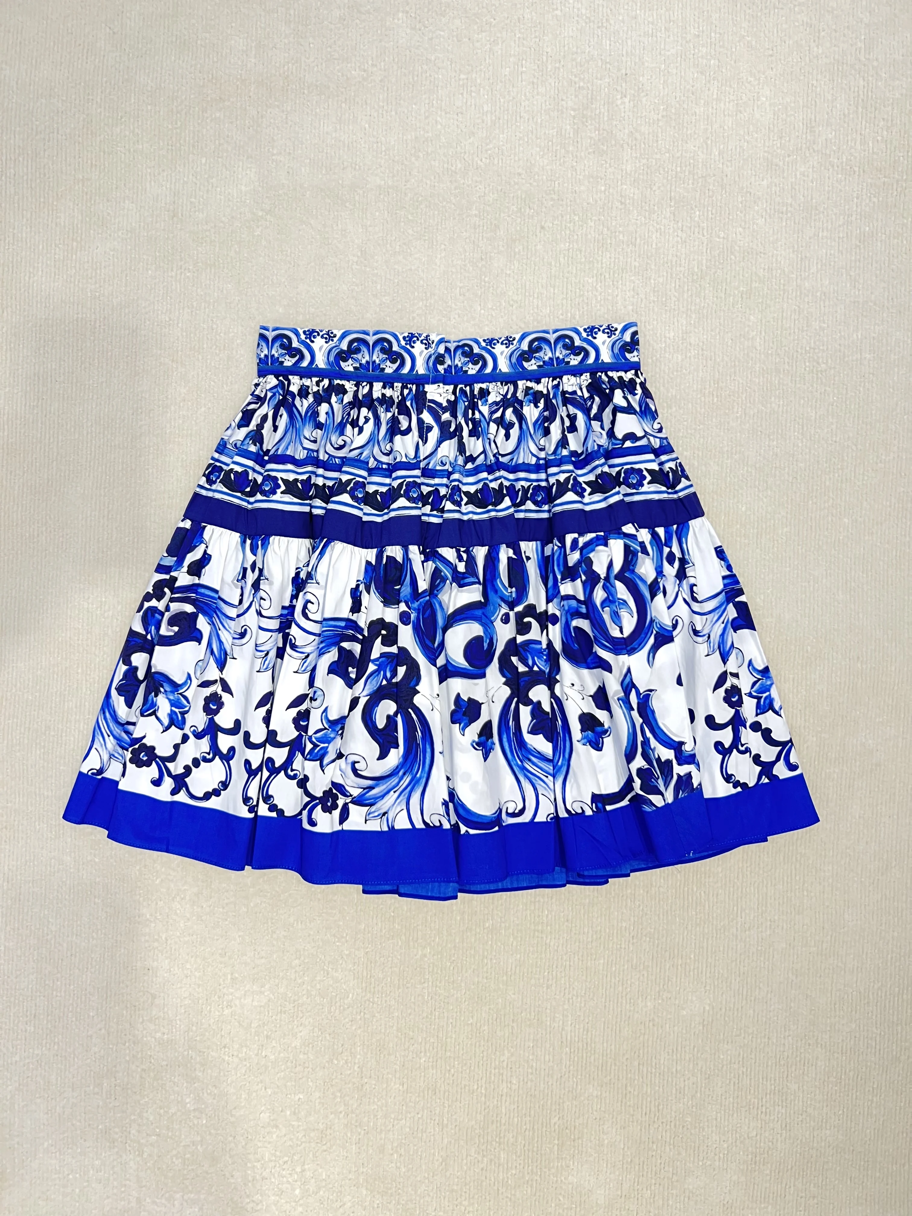 Women\'s Vintage Blue and White Porcelain Print Short Skirt, 100% Cotton, Summer Style, Sexy, Fashionable, 2024