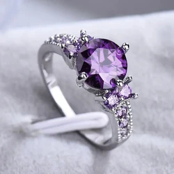 Huitan Trendy Round Purple Zirconia Finger Ring Femal Engagement Jewelry Charming Wedding Bands Fashion Silver Color Accessories