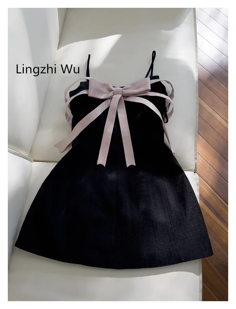 Lingzhi Wu-Strapless Ladies Dresses, Sexy Black Contrast Color, Pink Bow, Birthday Party, New Arrival