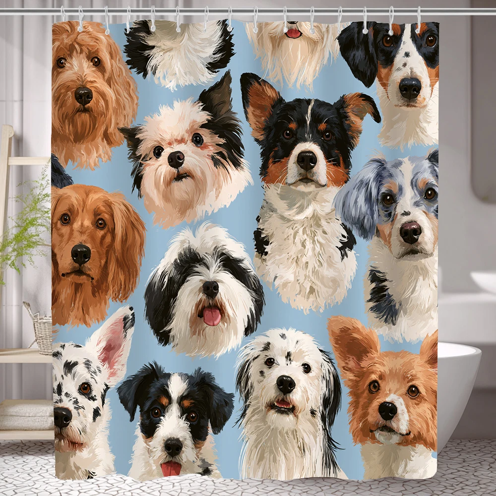 1pc Lovely Puppy Dog Print Shower Curtain, with 12 Hooks, Machine Washable, for Shower Partition and Privacy Protection Curtain