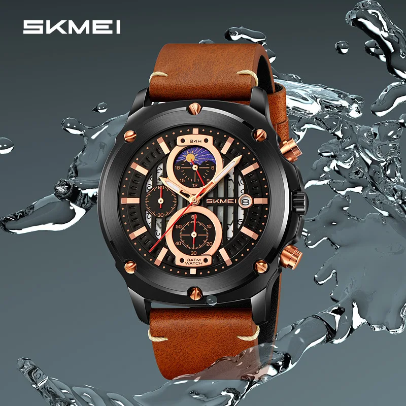 SKMEI Creative Hollow-Out Dial Three-Eye Six-Hand Watch, Men's Business Casual Multifunction Quartz Watch