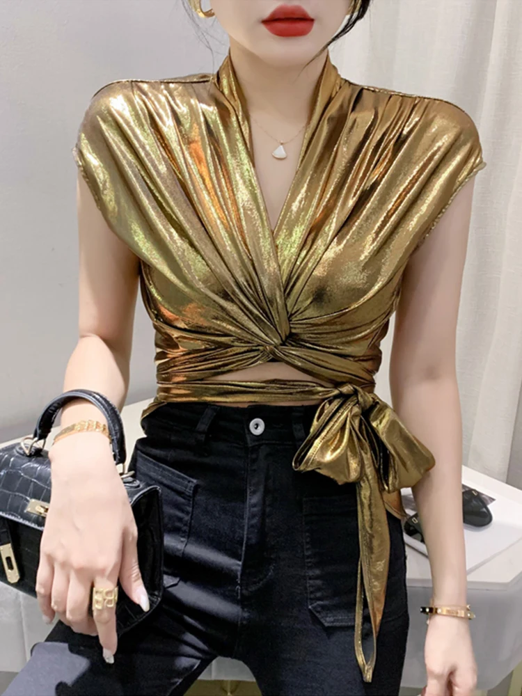 

European Style Sexy V Neck gold T Shirt Women Short Sleeve metallic tops Summer Tie Up silver Crop Top