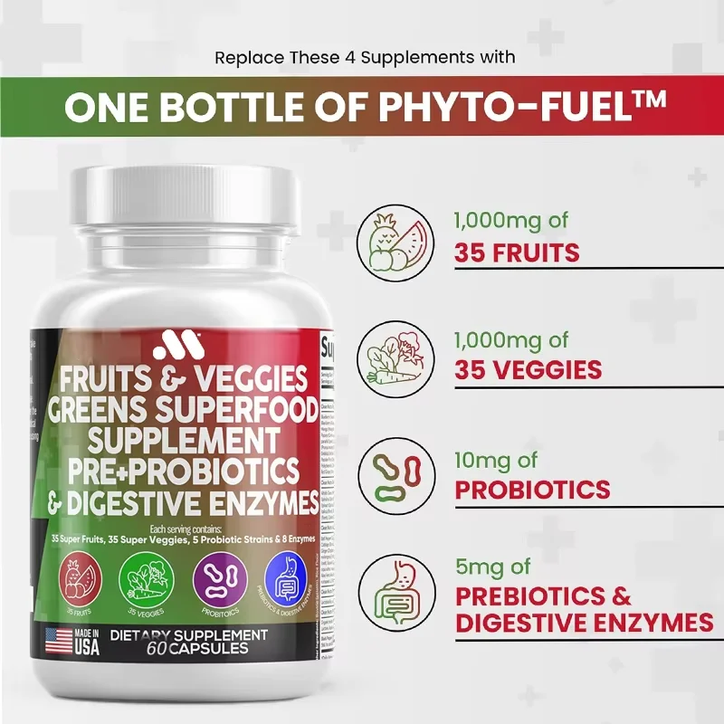 60 capsules of fruit and vegetable supplements and probiotic digestive enzymes natural spirulina non genetically modified