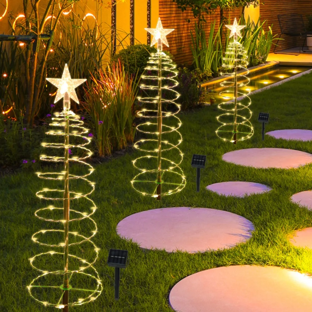 8 Modes Solar Iron Christmas Tree Lights Luminous Warm/Colorful Light Christmas Outdoor Decoration Ornament LED