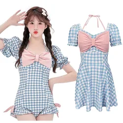 Sweet Candy Girl Blue Plaid Swimwear Pink Bow Strappy Monokini Backless Puff Short Sleeves One Piece Swimsuit Bathing Suit