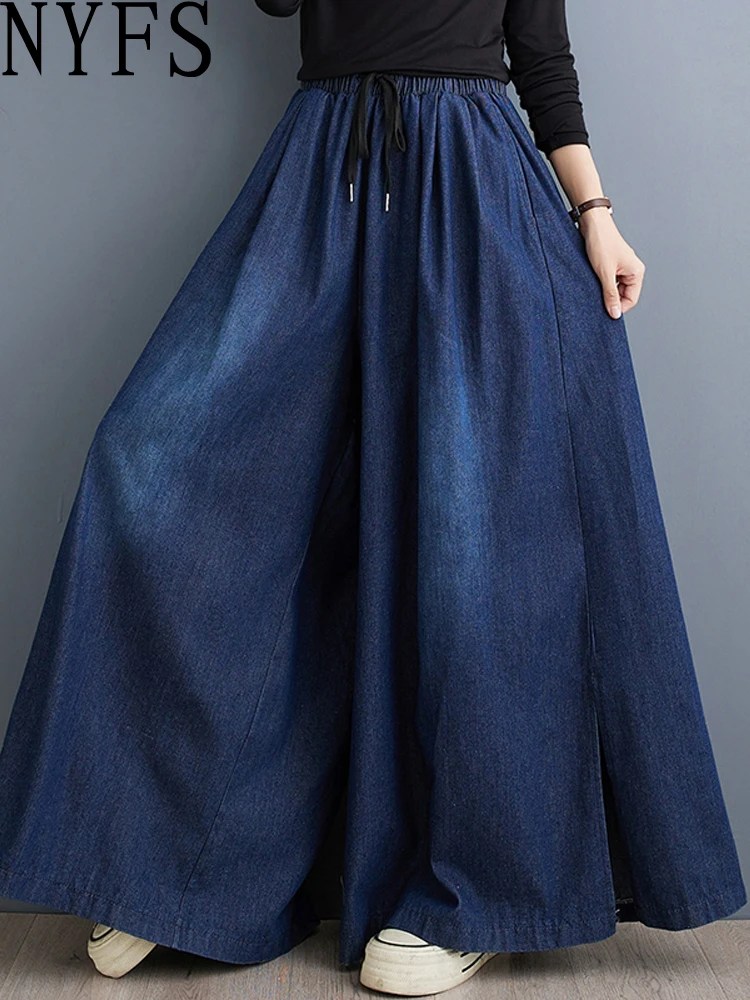 NYFS 2024 New Autumn Vintage Woman Jeans Loose Plus size Slit Trousers Elastic Waist Belt Denim Wide Leg Pants