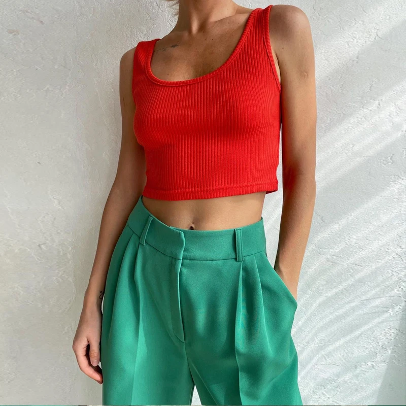 Summer Basic  Color  Vest American Short Style Belly Show Slim Fit Knitted Top Women Street Style Novelty Polyester