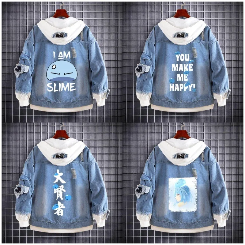 

That Time I Got Reincarnated As A Slime Blue Denim Coat Men's Loose Hole Denim Jacket Anime Cartoon Print Men Streetwear Simple