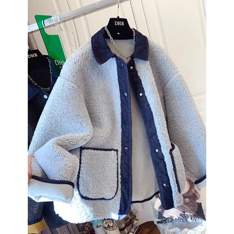 

Men's Winter Thiened Large Size Jaet Lamb Fur Splicing Leather And Fur Inteated Coat Casual Outdoor High-End Feeling