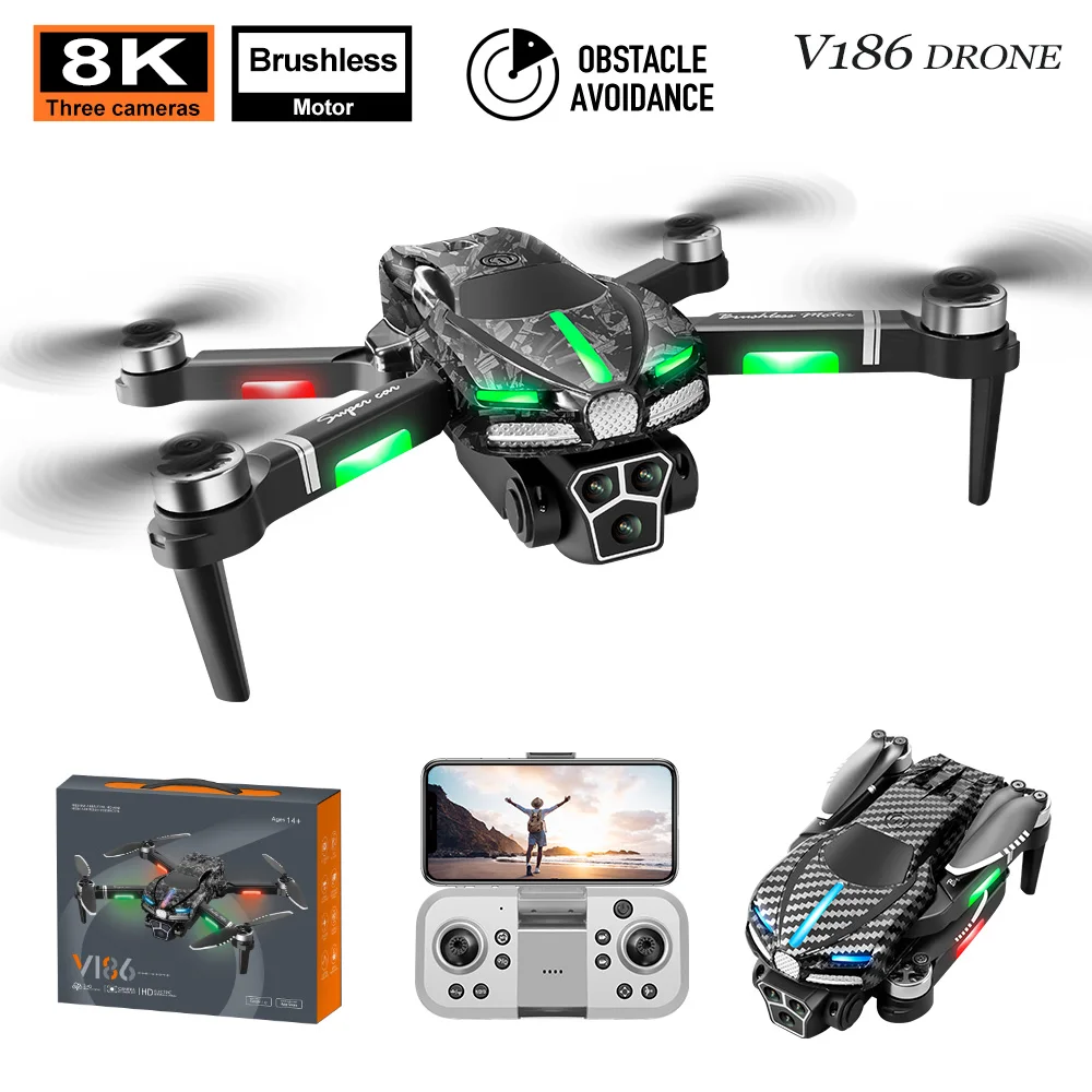 V186 bürstenlose Dreifach kamera optische Fluss drohne 8k esc Luftaufnahme Quadcopter RC Flugzeuge