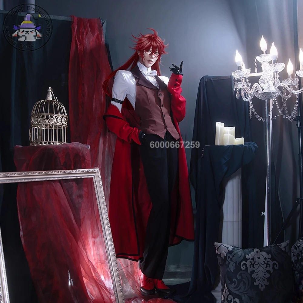 

Черный дворецкий Косплей Костюм Аниме Грелл Сатклиф Ролевая игра Красная униформа Наряд для мужчин Comic Con Хэллоуин Вечерние костюмы Парик