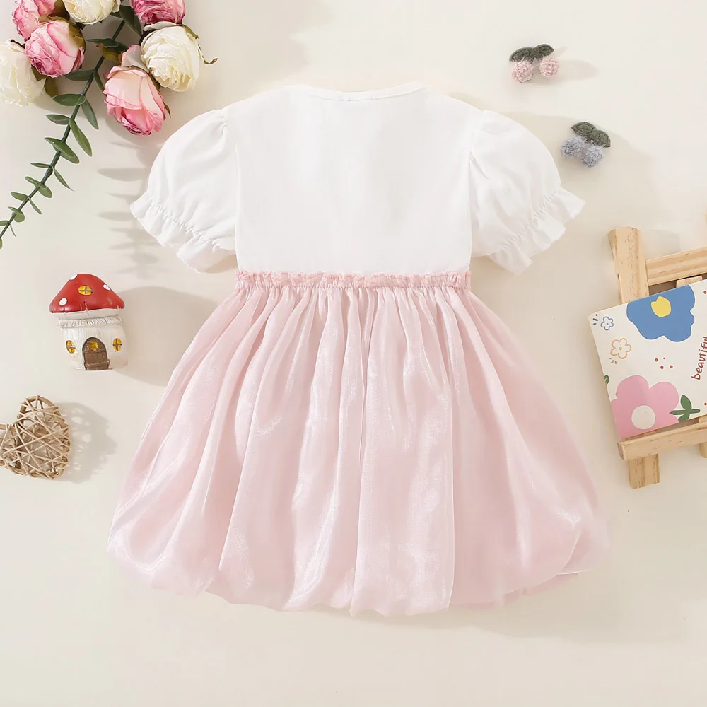 Summer 0-3 Girls\' Dress Baby Girl Bubble Sleeve Top Spliced Large Bow Mesh Fluffy Ball Sweet And Cute Dress