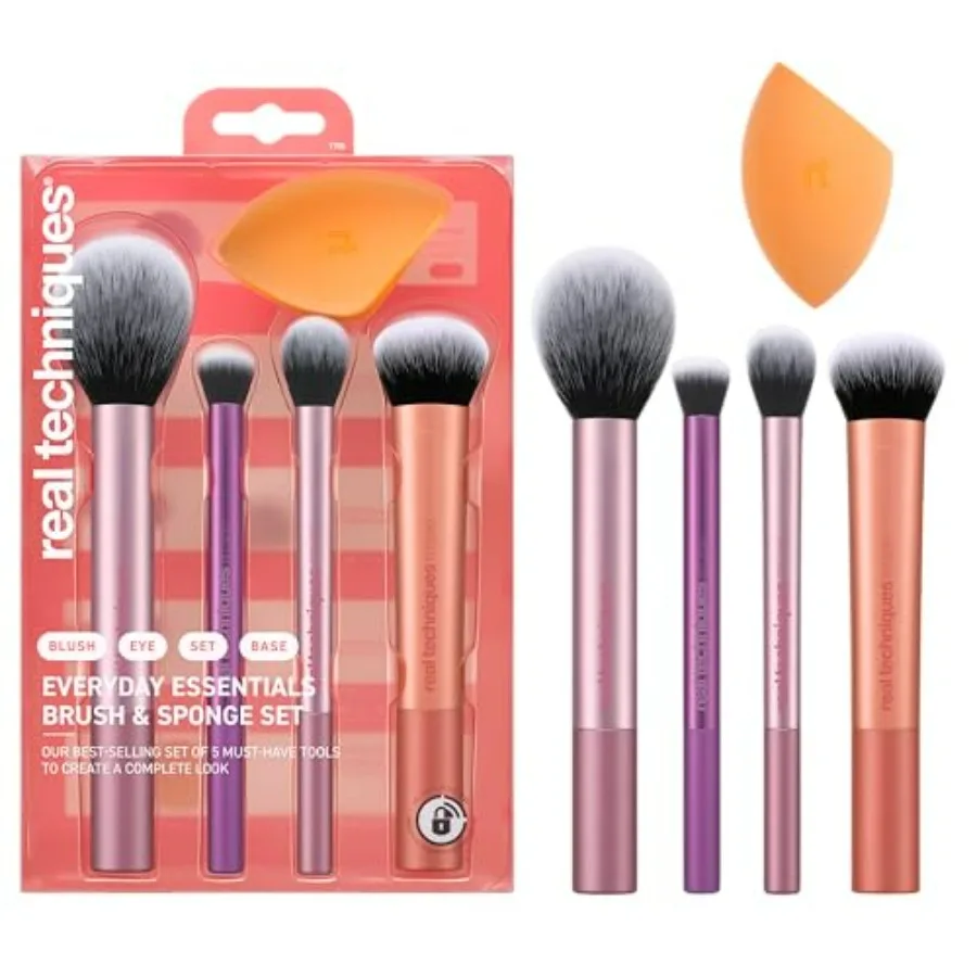 

5 Piece Everyday Essentials Makeup Brush Set, Includes 4 Brushes and Makeup Sponge, For Foundation, Blush, Bronzer, Contour, Ey