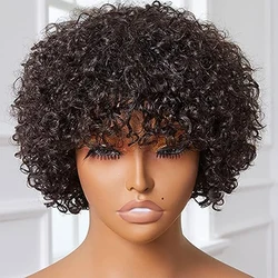 Fluffy Afro onda peruca com franja natural, 100% cabelo humano, cabelo virgem com franja, Kinky Curly Bob peruca, 180% Densidade