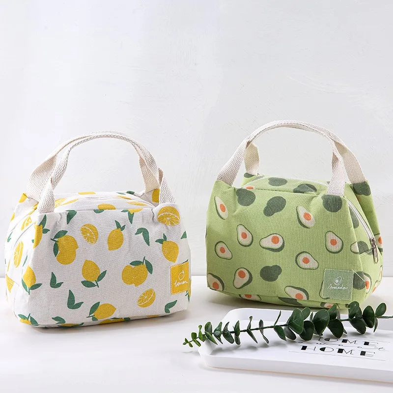 Cute Fruit Print Lunch Bag for Women, Canvas Insulated Lunch Tote with Handles Reusable Waterproof Food Container Bag for School