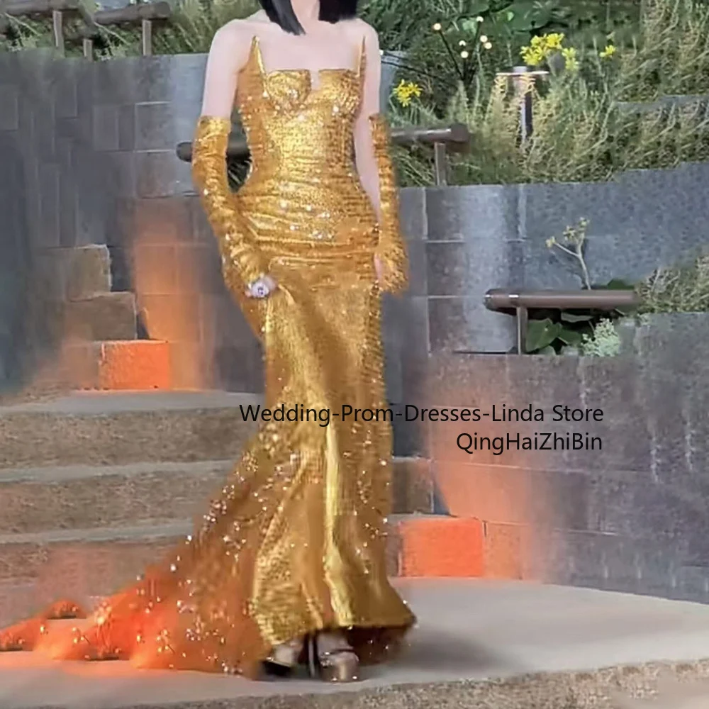 

Fashion Gold Celebrity Dress Evening Gowns for Women Sparkle Sequins Square Neck Sleeveless Formal Dress Women Elegant