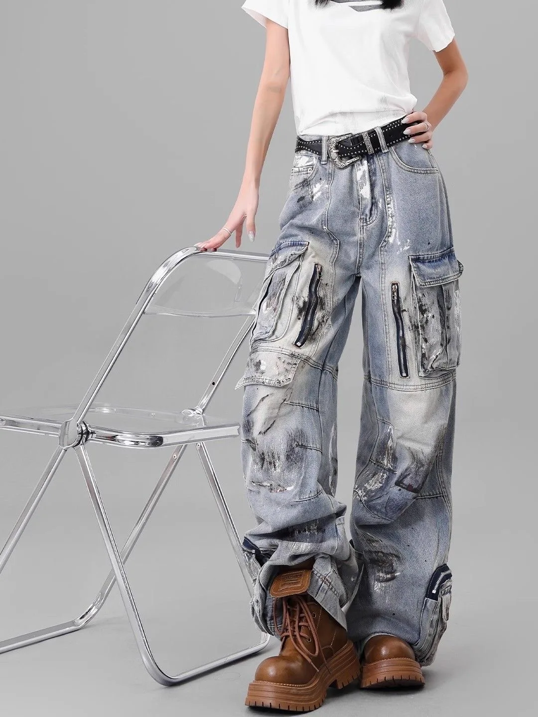 Plones Vaqueros de Trabajo para Hombre, Estilo Retro Americano, Resistentes, con Múltiples Bolsillos, Estilo fiti, Pi...