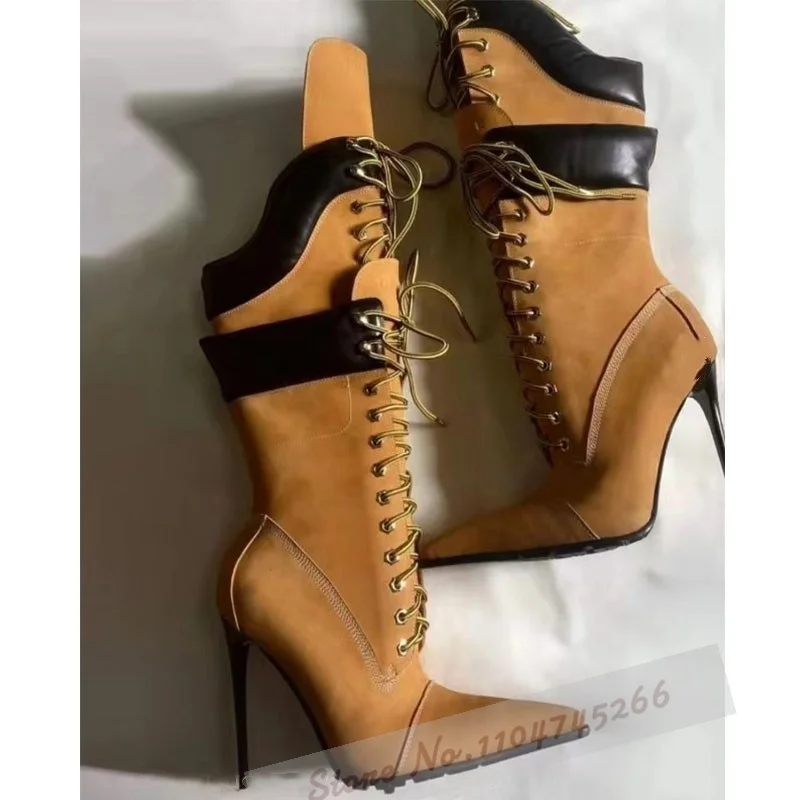 ผู้หญิงสีอูฐ Suede Patchwork เข่ารองเท้าชี้ Toe Stiletto Heel LACE-Up รองเท้าบูทสูงสายรัดสีน้ําตาลที่จับคู่ Turn-Over รองเท้า