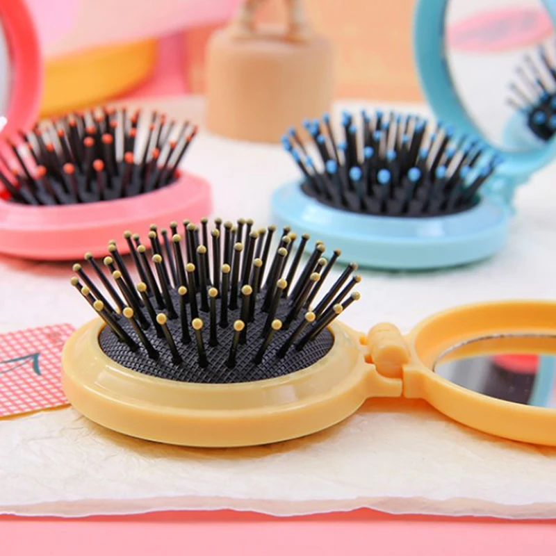 Mini Pente de Cabelo com Espelho para Mulheres e Meninas, Pente Dobrável, Massagem Portátil de Viagem, Escova de Cabelo, Macaron Airbag, Styling Tools, Presente