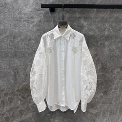 Women's Super Heavy Handmade Lace Cutout Applique Shirt Top, Lace Patchwork Loose Jacket, Cotton, Fall, New, 2024, y2k