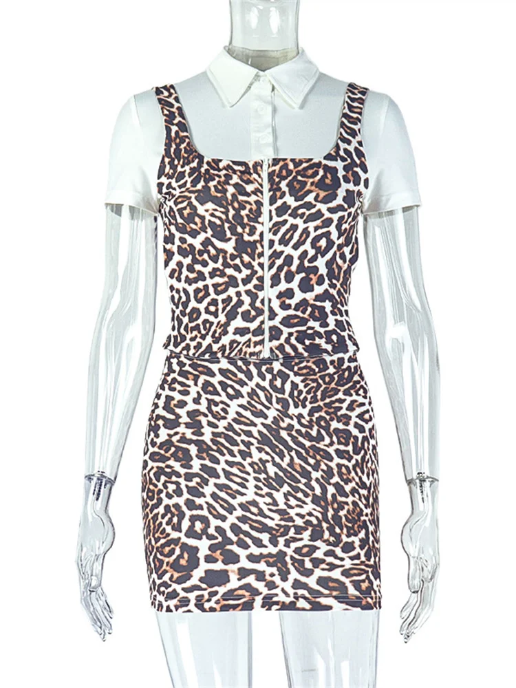 Conjunto de 2 piezas con estampado de leopardo y gato extraño para mujer, Tops de retales con cremallera y cuello tipo Polo + minifaldas ajustadas a la cadera de melocotón, traje clásico Hipster Hottie