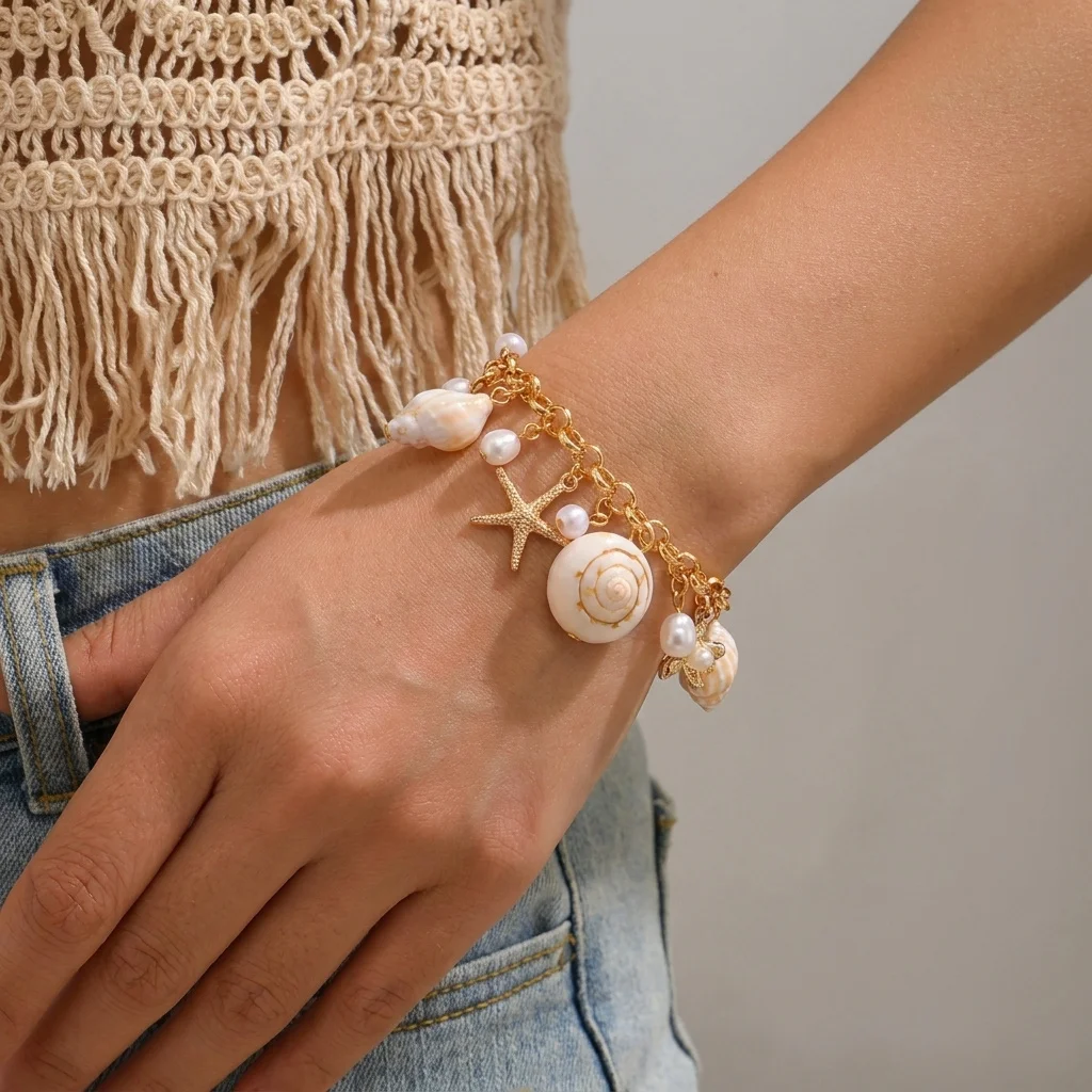 Boho Sommer Strand Perlen Muschel Charm Armband für Frauen Ozean-Stil Goldfarben Kette Quasten Armband Sommer Strand Schmuck – Detail 2