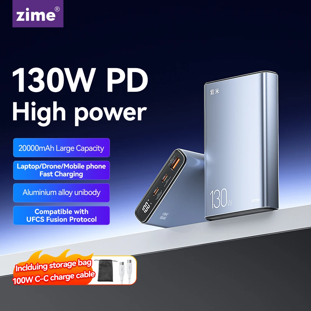 zime 20000mAh Portable Power Bank 130W PD UFCS External Battery for Laptop Drone Mobile Fast Charging Compatible with iPhone 16