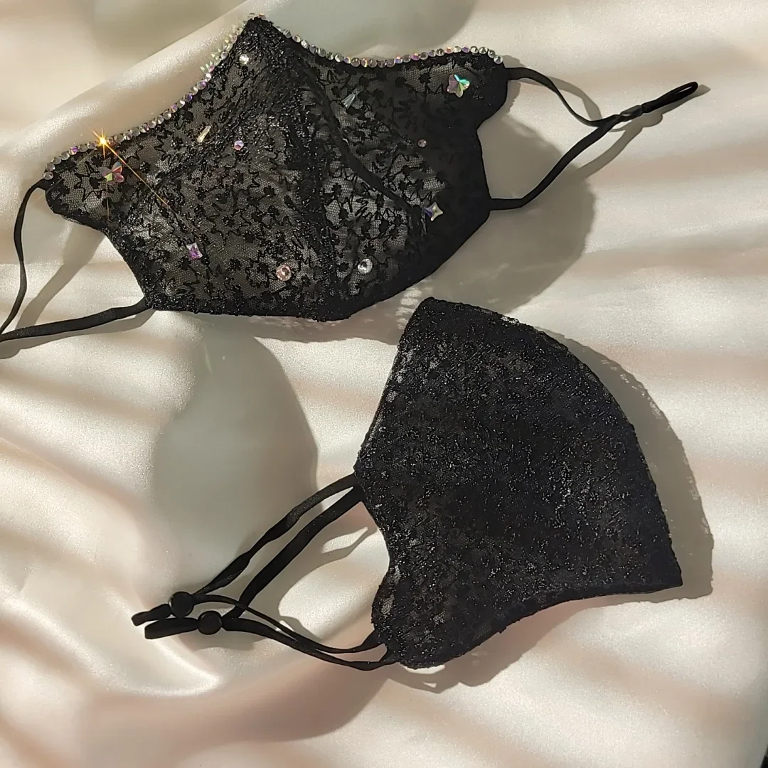 Gothic Lolita Lace Mask Sexy Woman Inlaid Diamond Gauze Half Face Mask Gothic Goddess Black Lace Face Mask with Rhinestones