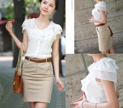 5XL New Summer Women Fashion Short Sleeve Ruffles Chiffon Solid White Tops Blusas Casual Summer Blouses Shirt