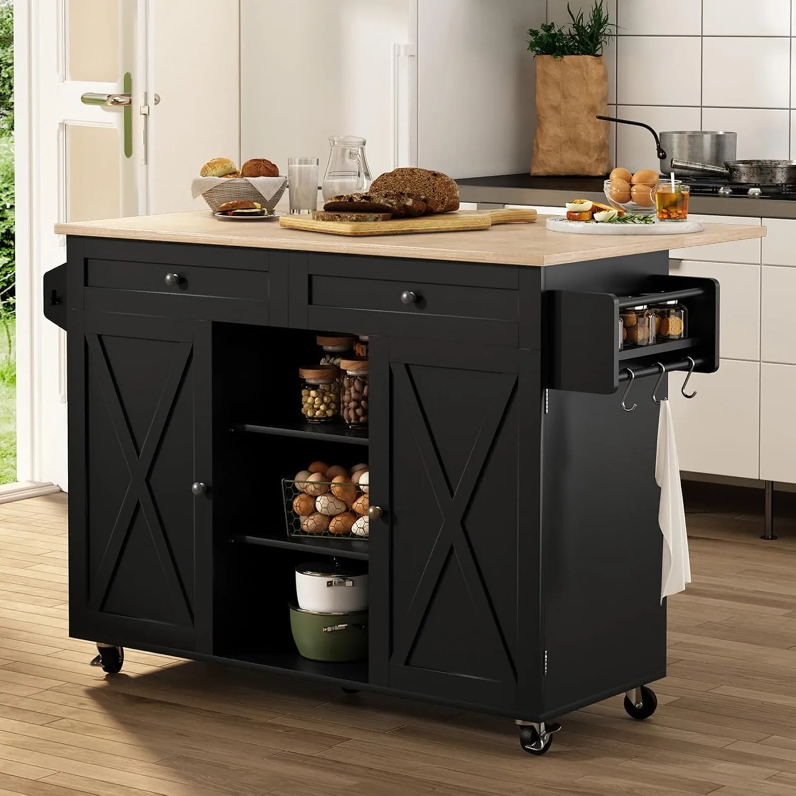 US Kitchen Island On Wheels, Rolling Kitchen Island Cart with Drop Leaf Countertop, Barn Door Kitchen Island