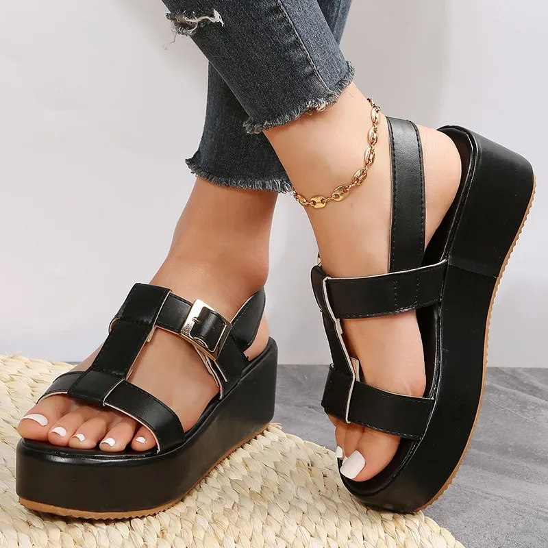 2023 New Foreign Trade Summer Nlatform Sandals Europe and the United States Display High Round Head one Word Buckle Sandals