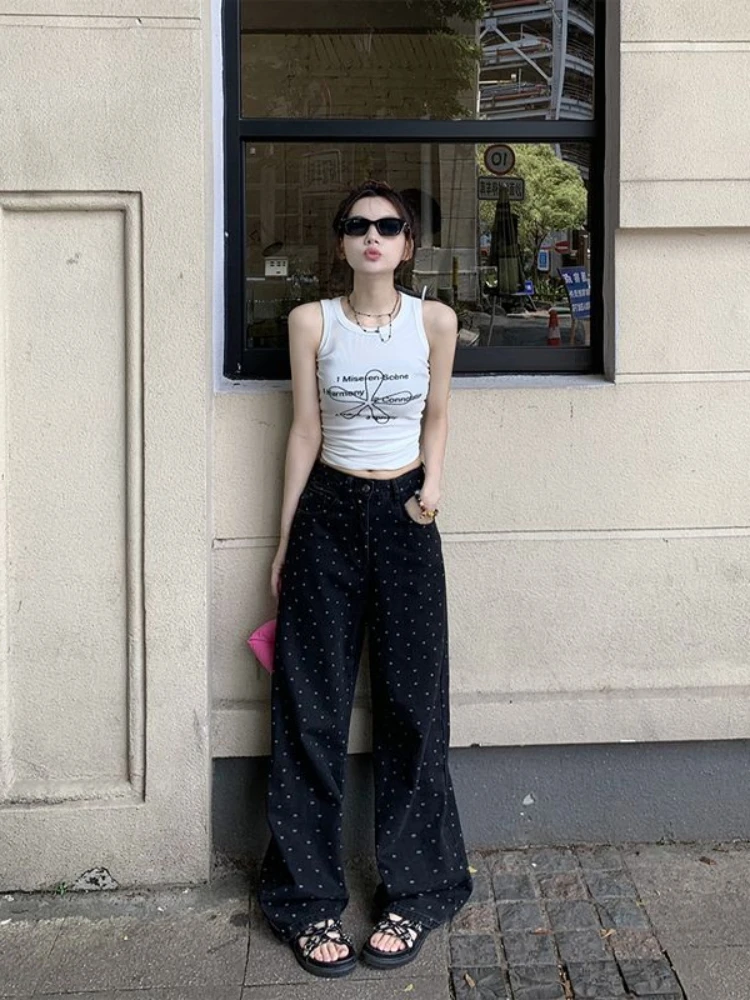 Black Polka Dot Straight Jeans Women High-waisted Loose Wide Leg Pants Autumn Winter Fashion Korean Y2k Streetwear Long Trousers