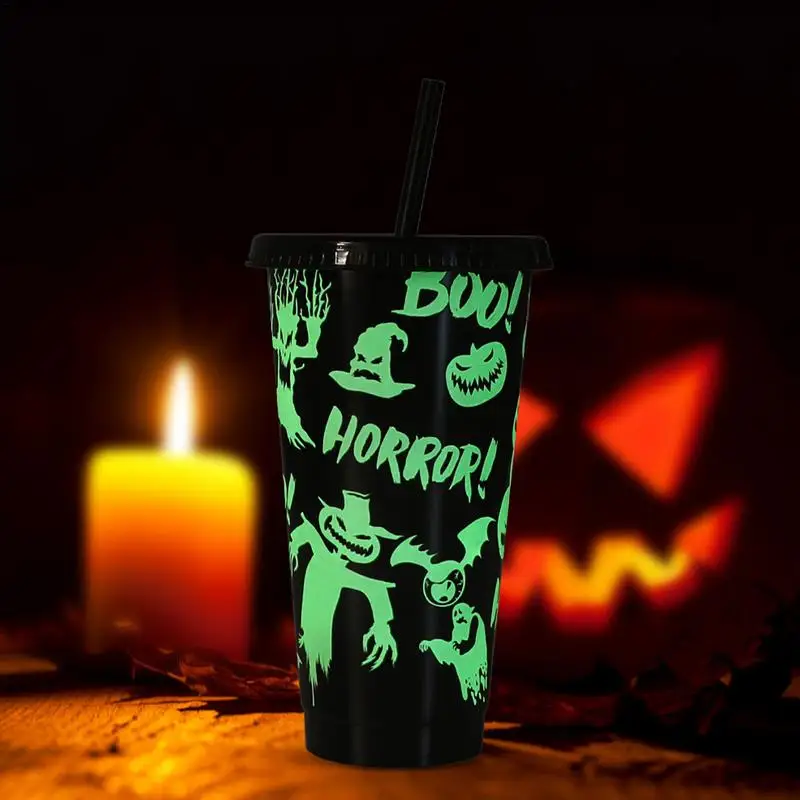 Halloween With Lid And Straw 710ml Halloween Party Cup Glow In The Dark Luminous Boo Horror Pumpkin Bat Ghost Patterns Party