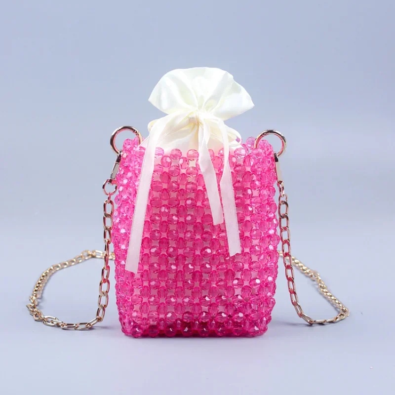 

Women's Fashion Simple Chain Beaded Shoulder Bag Hand-woven Crystal Bags Versatile Solid Color Phone Clutches сумка из бусин